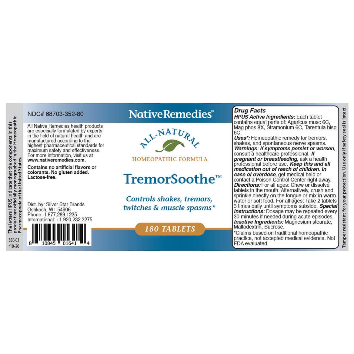 Native Remedies TremorSoothe - Natural Homeopathic Formula to Temporarily Control Shakes, Tremors, Muscle Spasms and Twitches -180 Tablets - dailyvitalstore