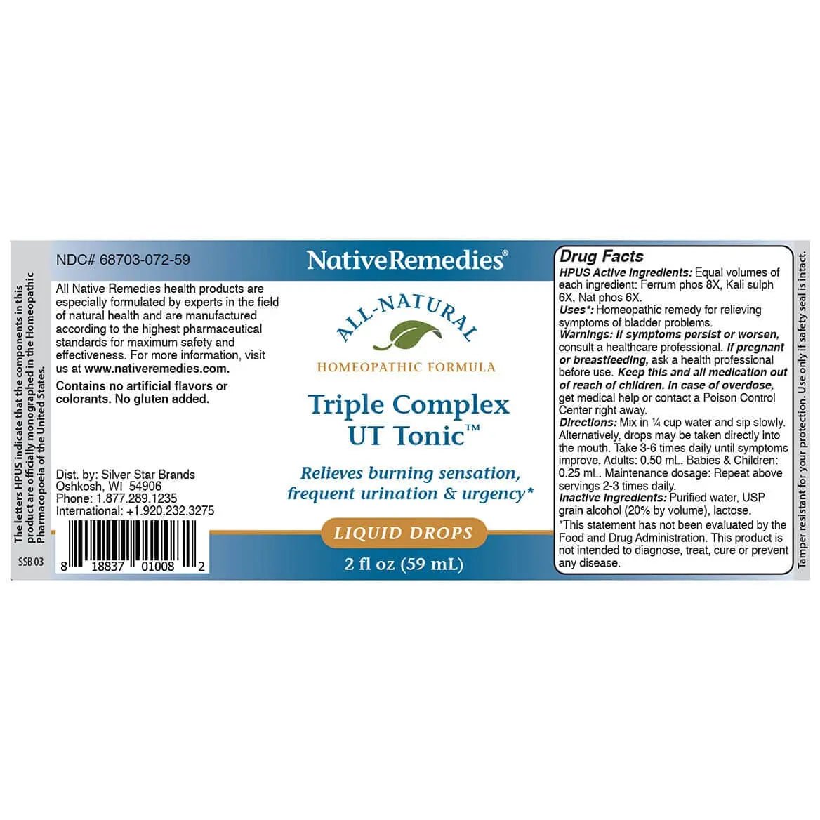 Native Remedies Triple Complex UT Tonic - Natural Homeopathic Formula to Relieve Bladder Irritation, Burning Sensation, Frequent Urination and Urgency - 59 mL - dailyvitalstore
