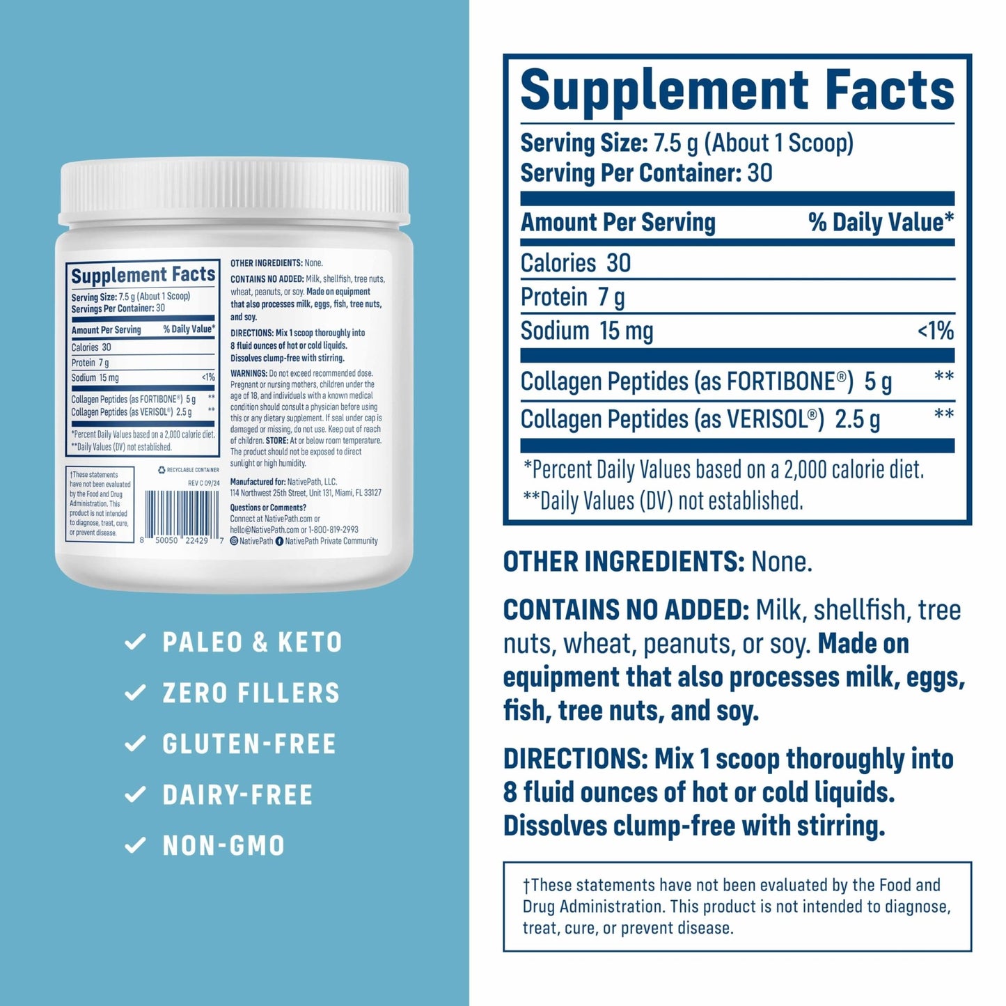 NativePath Bone Health Collagen Peptides, Type 1 & 3, with Fortibone and Verisol, 7.9 Ounce, 30 Servings - dailyvitalstore