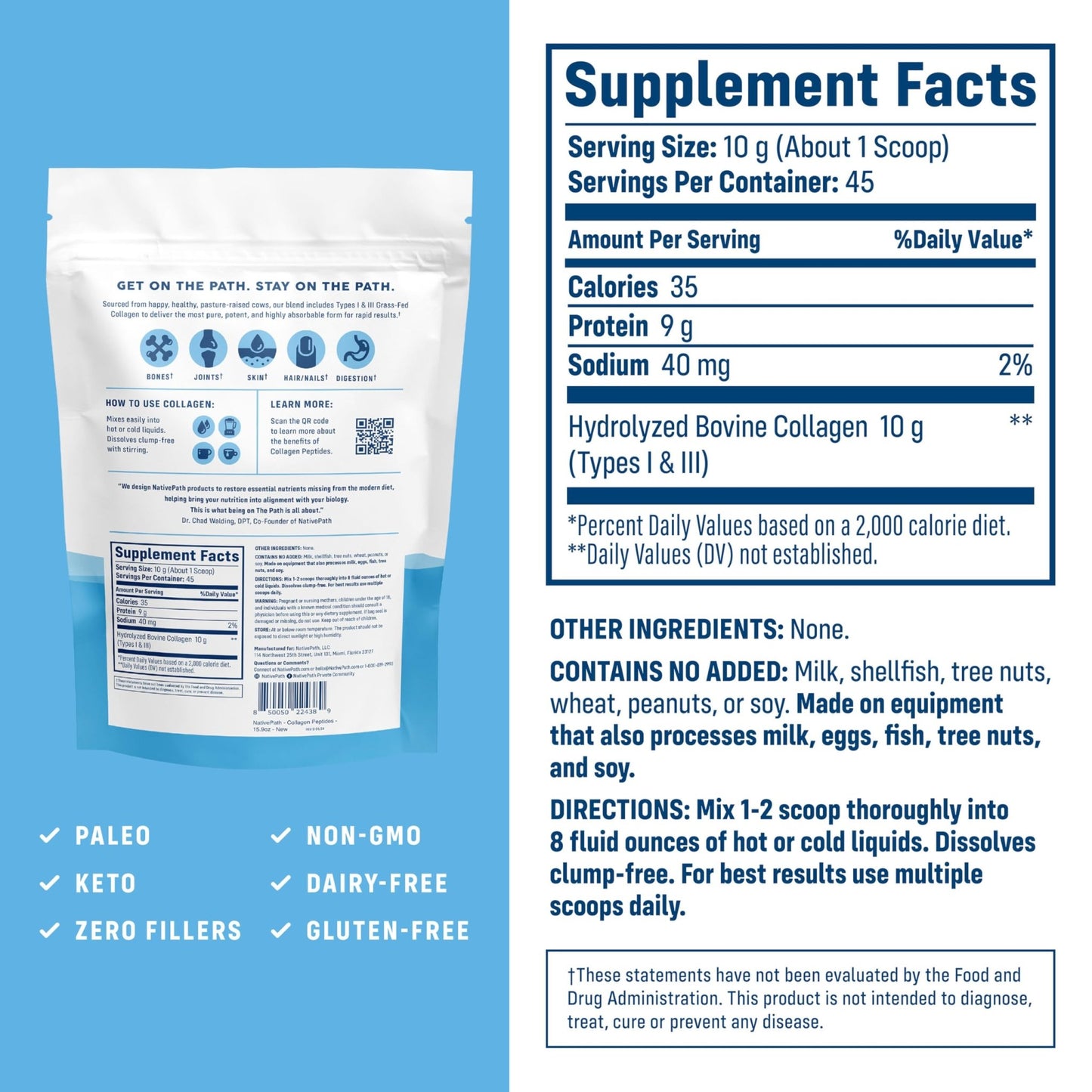 NativePath Collagen Peptides Protein - Hydrolyzed Type 1 & 3 Collagen Powder for Skin, Hair, Nails - 15.9 oz (45 Servings) - dailyvitalstore