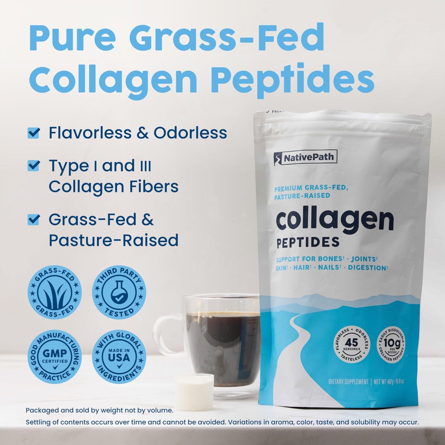 NativePath Collagen Peptides Protein - Hydrolyzed Type 1 & 3 Collagen Powder for Skin, Hair, Nails - 15.9 oz (45 Servings) - dailyvitalstore