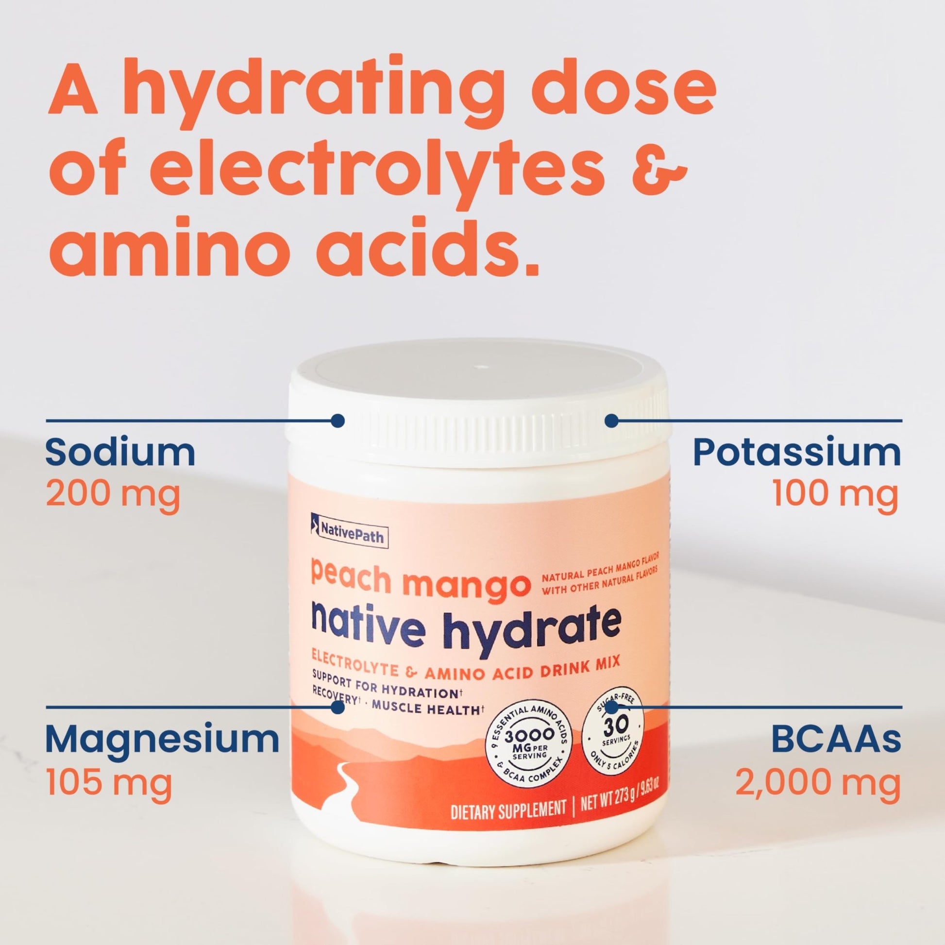 NativePath Hydrate, Zero Sugar, Electrolytes Powder with BCAAs, Peach Mango Hydration, Keto & Paleo Friendly, 30 Servings - dailyvitalstore