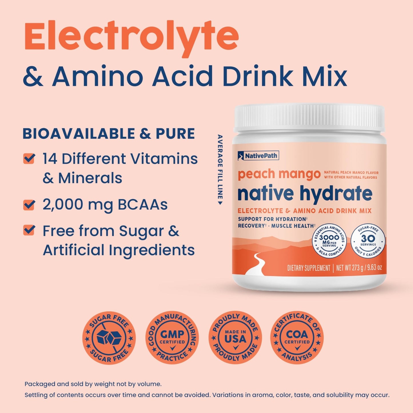 NativePath Hydrate, Zero Sugar, Electrolytes Powder with BCAAs, Peach Mango Hydration, Keto & Paleo Friendly, 30 Servings - dailyvitalstore