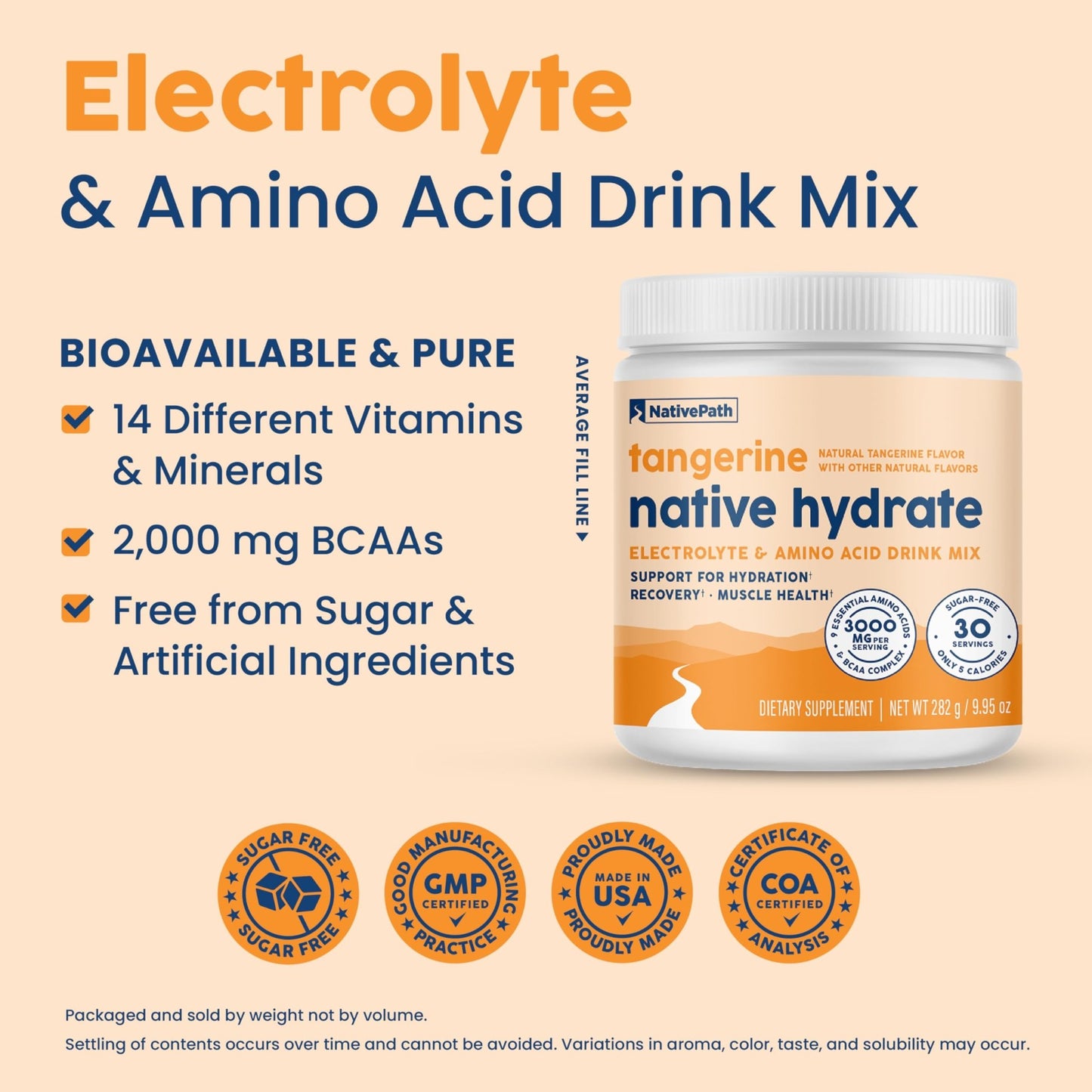 NativePath Hydrate, Zero Sugar, Electrolytes Powder with BCAAs, Tangerine Hydration, Keto & Paleo Friendly, 30 Servings - dailyvitalstore