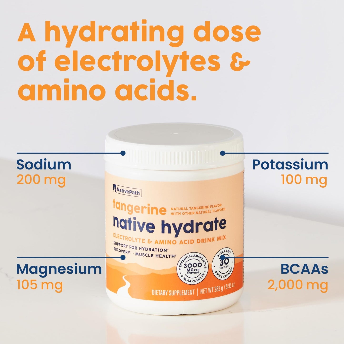 NativePath Hydrate, Zero Sugar, Electrolytes Powder with BCAAs, Tangerine Hydration, Keto & Paleo Friendly, 30 Servings - dailyvitalstore