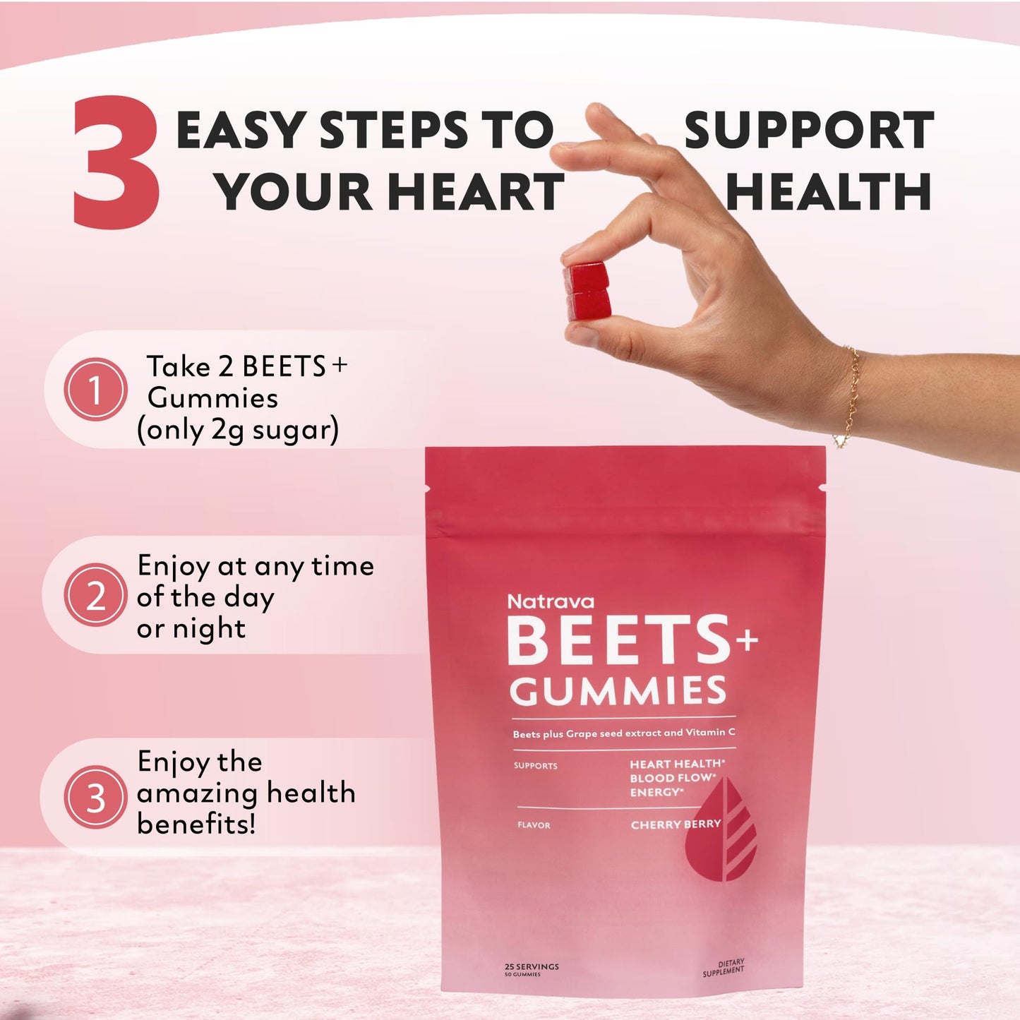 Natrava Beets+ Gummies - Premium Beet Root Powder, Grape Seed Extract and Vitamin C - Supports Healthy Blood Pressure and Heart Health - Low Sugar Nitric Oxide and Circulation Supplement - 50 Gummies - dailyvitalstore