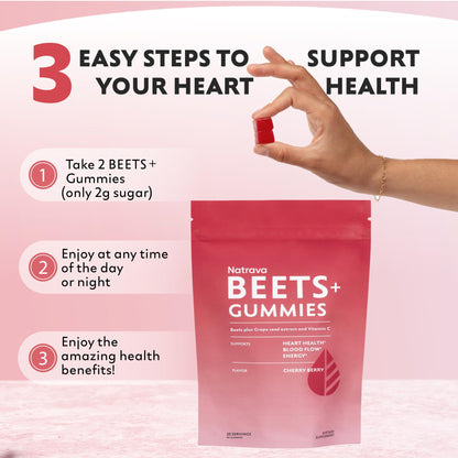 Natrava Beets+ Gummies - Premium Beet Root Powder, Grape Seed Extract and Vitamin C - Supports Healthy Blood Pressure and Heart Health - Low Sugar Nitric Oxide and Circulation Supplement - 50 Gummies - dailyvitalstore
