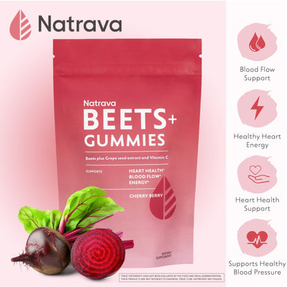 Natrava Beets+ Gummies - Premium Beet Root Powder, Grape Seed Extract and Vitamin C - Supports Healthy Blood Pressure and Heart Health - Low Sugar Nitric Oxide and Circulation Supplement - 50 Gummies - dailyvitalstore