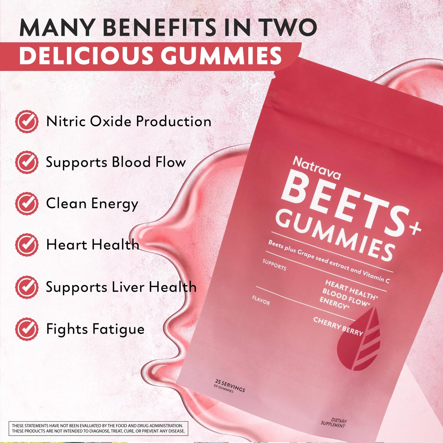 Natrava Beets+ Gummies - Premium Beet Root Powder, Grape Seed Extract and Vitamin C - Supports Healthy Blood Pressure and Heart Health - Low Sugar Nitric Oxide and Circulation Supplement - 50 Gummies - dailyvitalstore