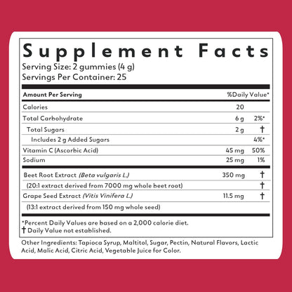 Natrava Beets+ Gummies - Premium Beet Root Powder, Grape Seed Extract and Vitamin C - Supports Healthy Blood Pressure and Heart Health - Low Sugar Nitric Oxide and Circulation Supplement - 50 Gummies - dailyvitalstore