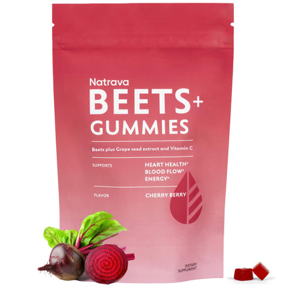 Natrava Beets+ Gummies - Premium Beet Root Powder, Grape Seed Extract and Vitamin C - Supports Healthy Blood Pressure and Heart Health - Low Sugar Nitric Oxide and Circulation Supplement - 50 Gummies - dailyvitalstore