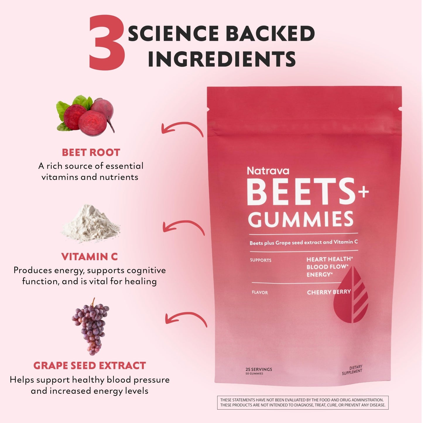 Natrava Beets+ Gummies - Premium Beet Root Powder, Grape Seed Extract and Vitamin C - Supports Healthy Blood Pressure and Heart Health - Low Sugar Nitric Oxide and Circulation Supplement - 50 Gummies - dailyvitalstore