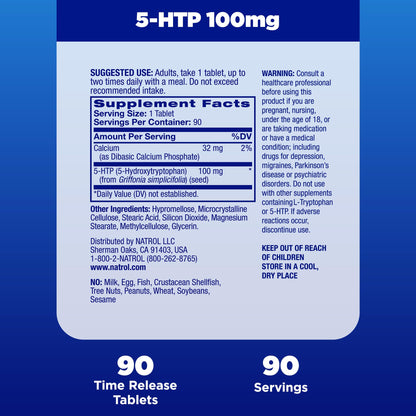 Natrol 5-HTP 100mg, Dietary Supplement Helps Support a Balanced Mood, Mood and Stress Support Supplement, 90 Time Release Tablets, 45-90 Day Supply - dailyvitalstore