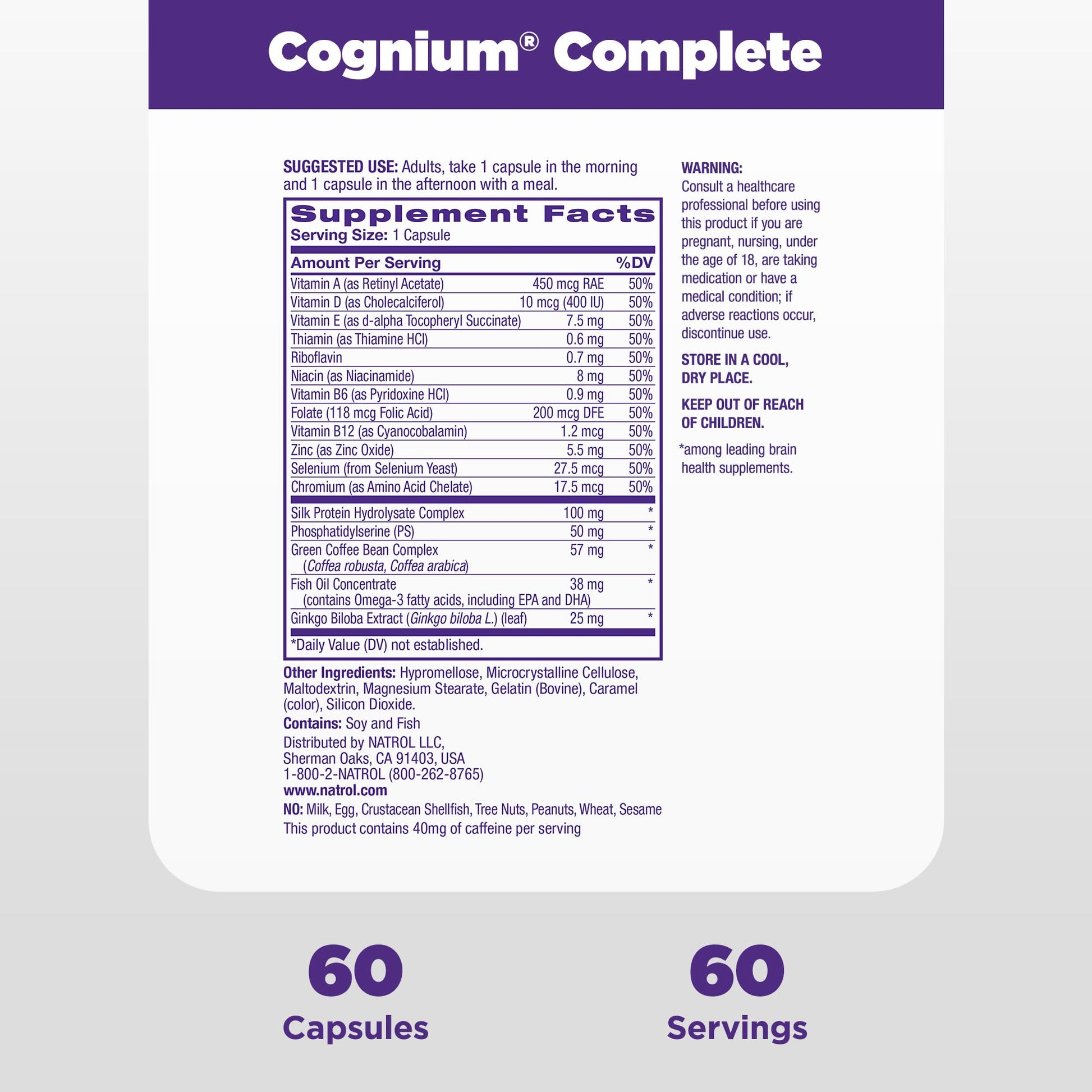 Natrol Cognium Complete, Dietary Supplement for Brain Health, Brain Health Supplements for Adults, 60 Capsules, 30 Day Supply - dailyvitalstore