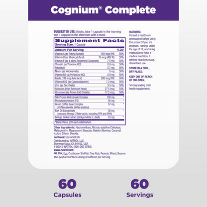 Natrol Cognium Complete, Dietary Supplement for Brain Health, Brain Health Supplements for Adults, 60 Capsules, 30 Day Supply - dailyvitalstore