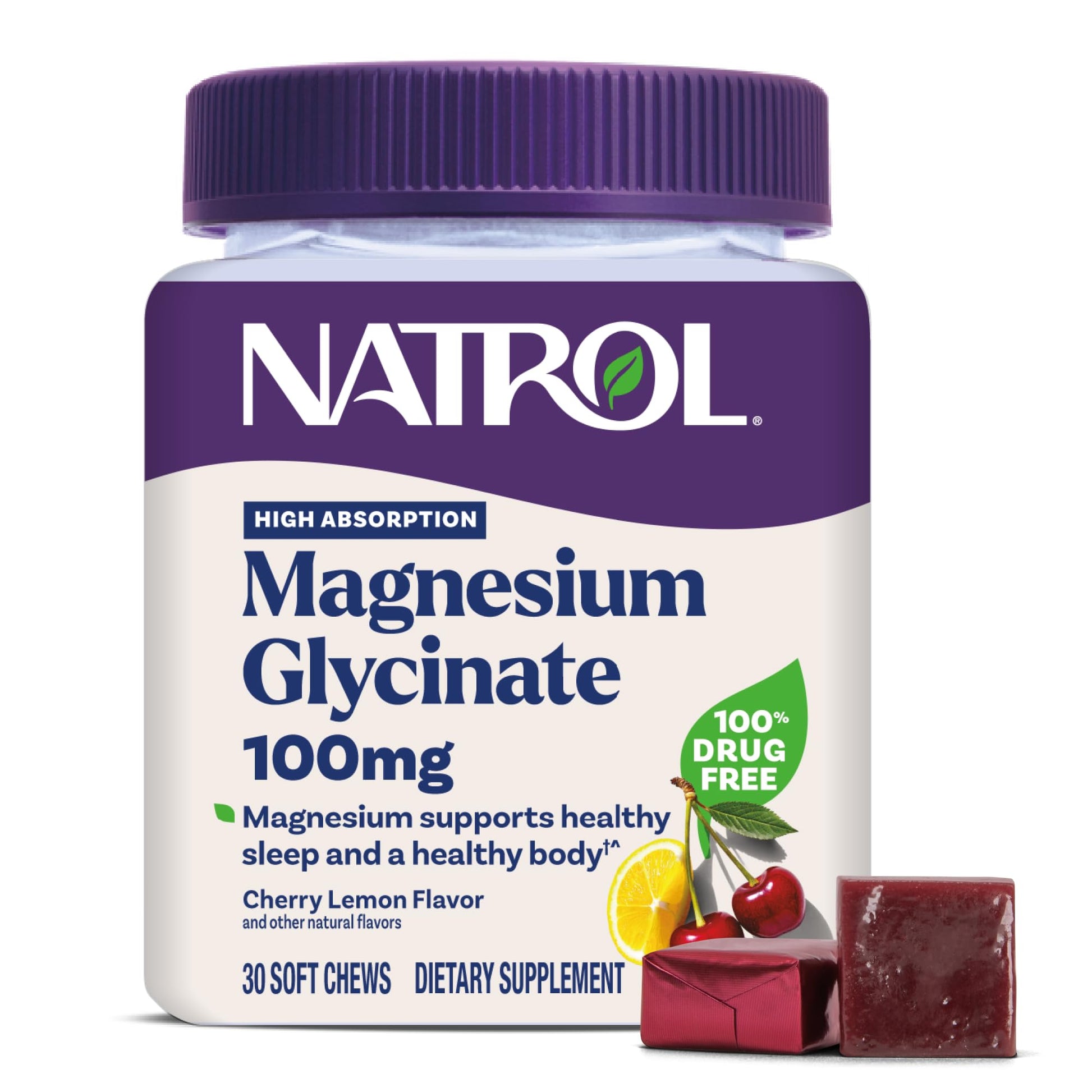 Natrol Magnesium Glycinate Supplements 100mg, Cherry Lemon Soft Chews for Healthy Sleep and Body, Magnesium Glycinate 100mg, Up to a 30 Day Supply - dailyvitalstore