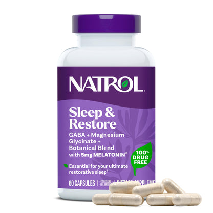 Natrol Sleep & Restore Capsules - Calm Magnesium Glycinate, Magnesium Sleep Aid with GABA, Melatonin 5mg, Botanical Blend, 30 Day Supply - dailyvitalstore