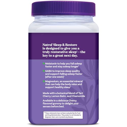 Natrol Sleep + Restore Magnesium Glycinate Blend Gummies with Melatonin 5mg - Calm Magnesium with GABA, Botanical Blend, Cherry Flavor, 60 Gummies - dailyvitalstore