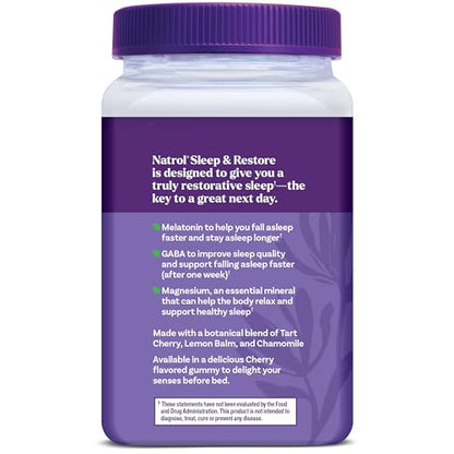 Natrol Sleep + Restore Magnesium Glycinate Blend Gummies with Melatonin 5mg - Calm Magnesium with GABA, Botanical Blend, Cherry Flavor, 60 Gummies - dailyvitalstore