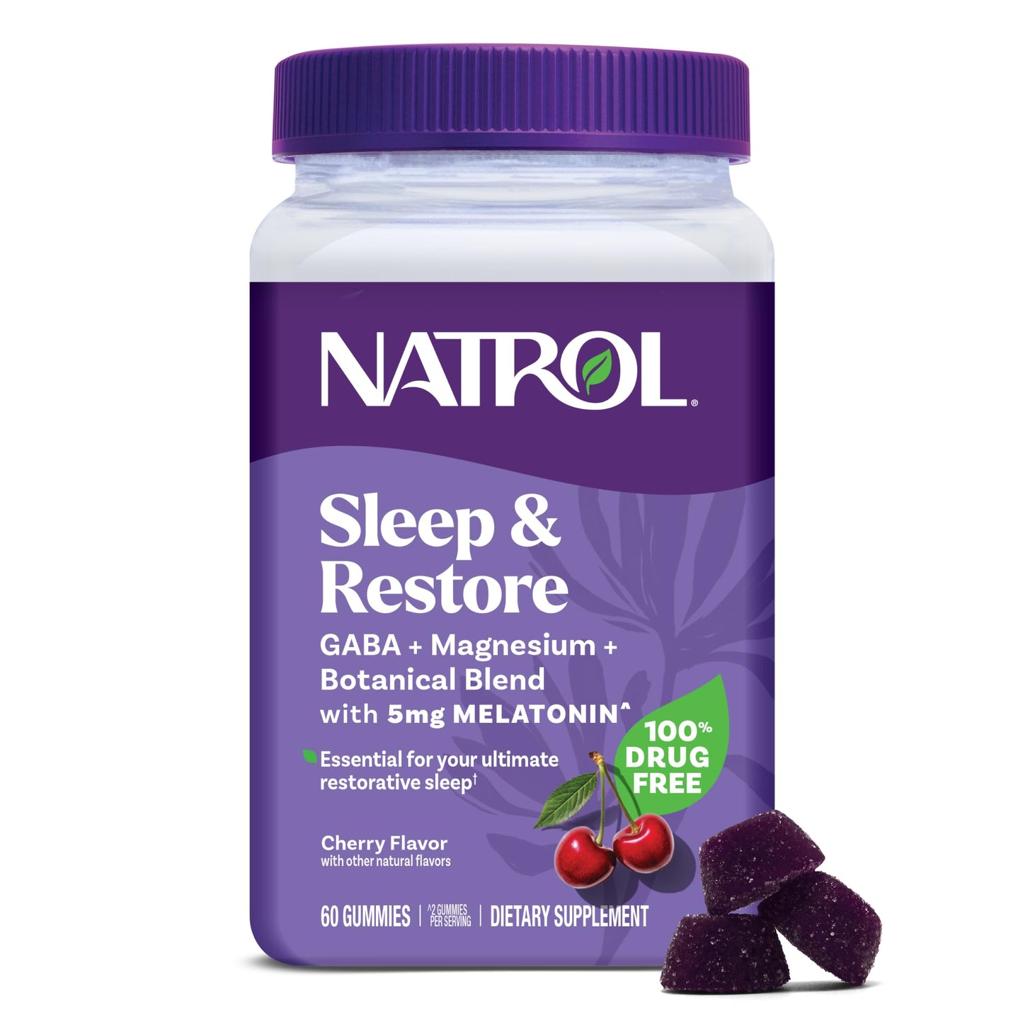 Natrol Sleep + Restore Magnesium Glycinate Blend Gummies with Melatonin 5mg - Calm Magnesium with GABA, Botanical Blend, Cherry Flavor, 60 Gummies - dailyvitalstore