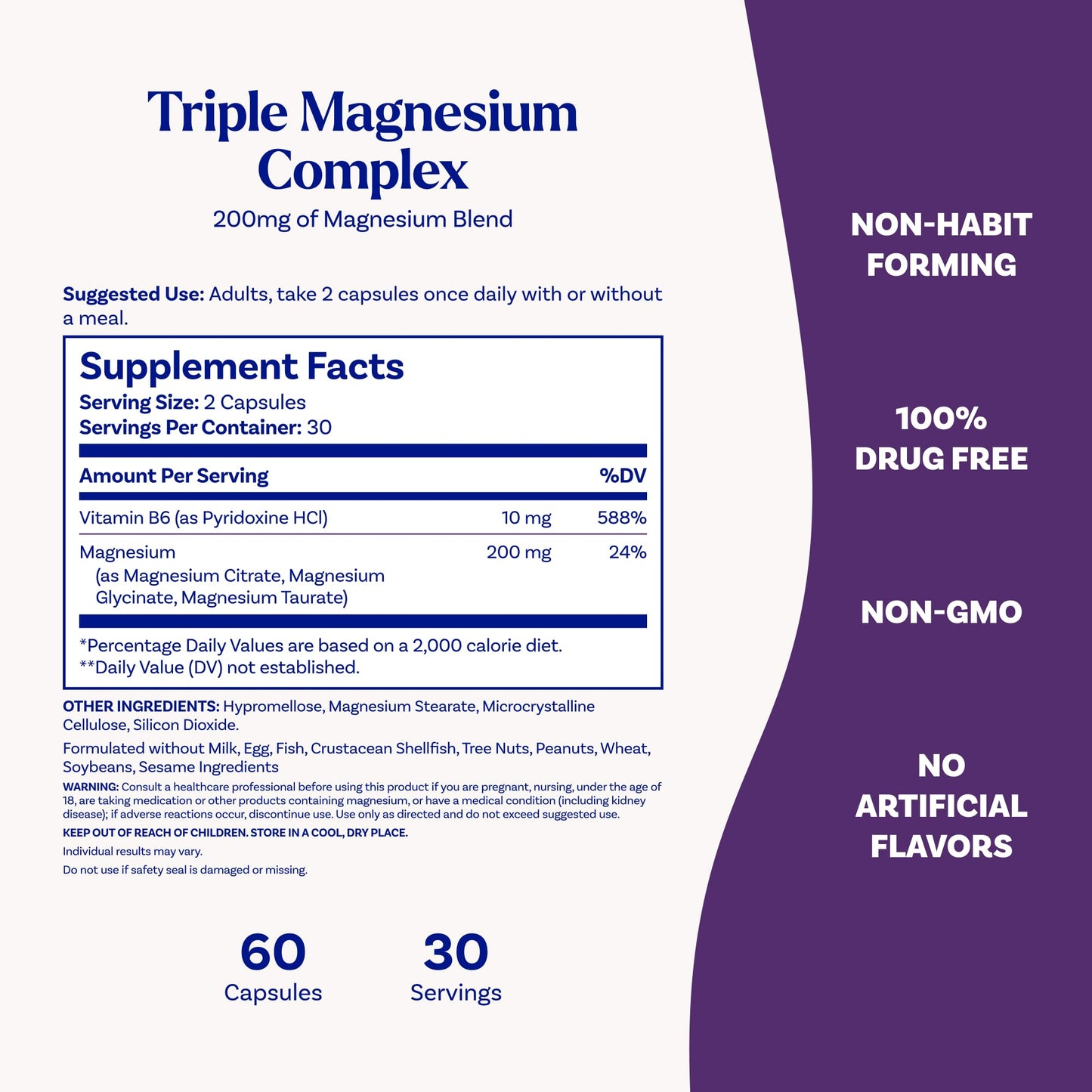 Natrol Triple Magnesium Complex Supplement, Glycinate, Citrate & Taurate 200mg High Absorption, Support Whole Body Wellness, 60 Capsules - dailyvitalstore