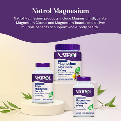 Natrol Triple Magnesium Complex Supplement, Glycinate, Citrate & Taurate 200mg High Absorption, Support Whole Body Wellness, 60 Capsules - dailyvitalstore