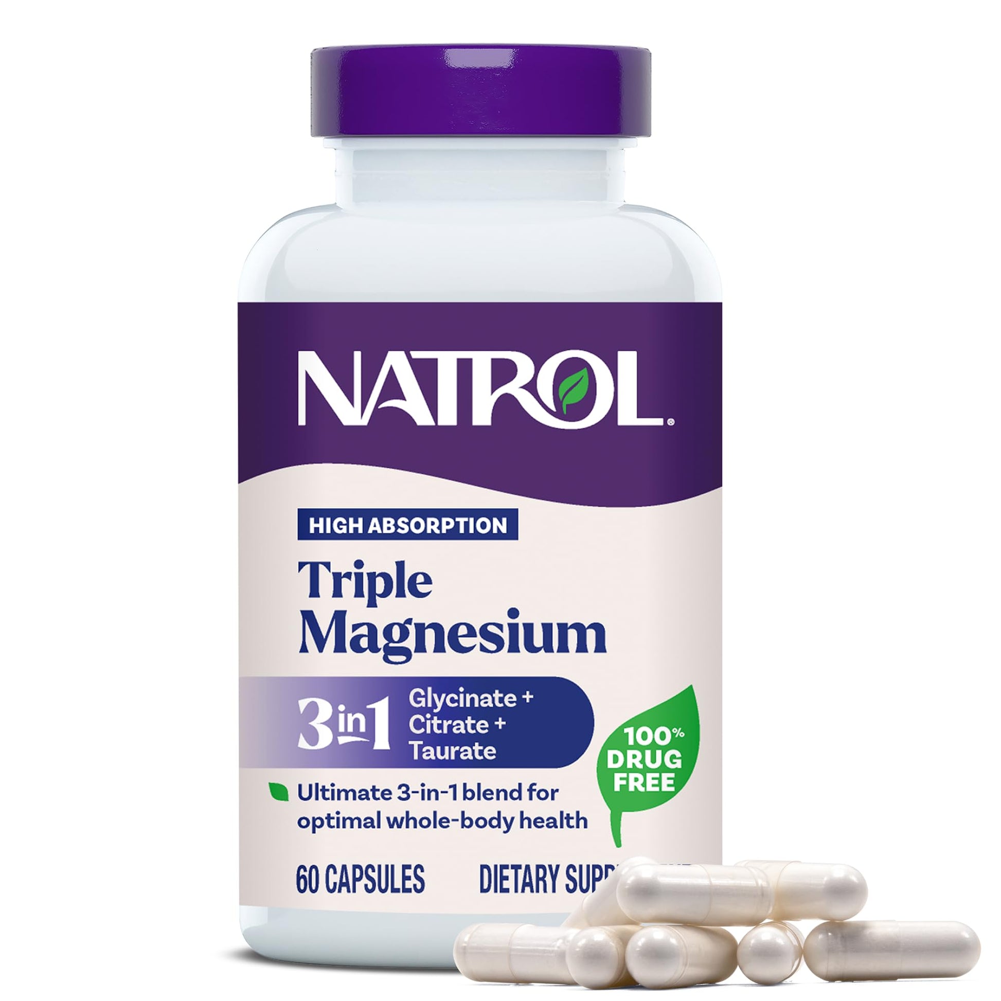 Natrol Triple Magnesium Complex Supplement, Glycinate, Citrate & Taurate 200mg High Absorption, Support Whole Body Wellness, 60 Capsules - dailyvitalstore