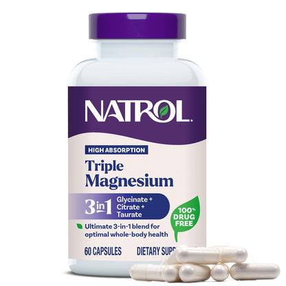 Natrol Triple Magnesium Complex Supplement, Glycinate, Citrate & Taurate 200mg High Absorption, Support Whole Body Wellness, 60 Capsules - dailyvitalstore