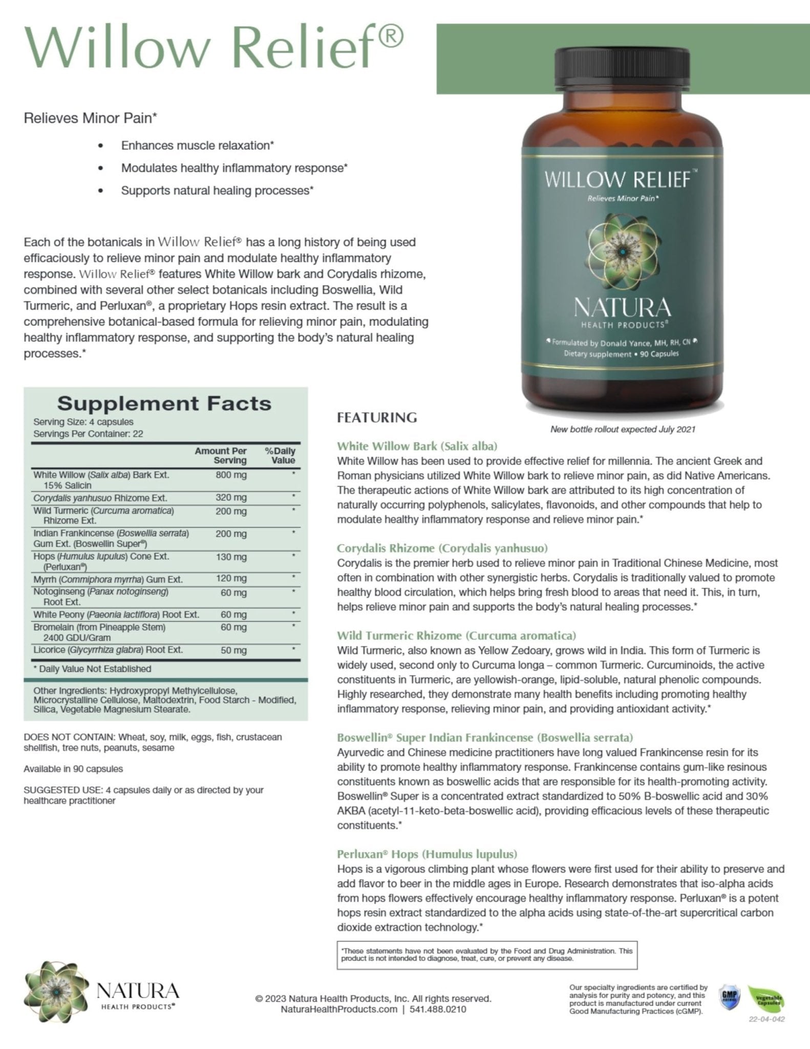 Natura Health Products Willow Relief Supplement - Enhances Muscle Relaxation - Featuring White Willow Bark, Turmeric, Boswellin Super Indian Frankincense, Corydalis Rhizome (90 Capsules) - dailyvitalstore