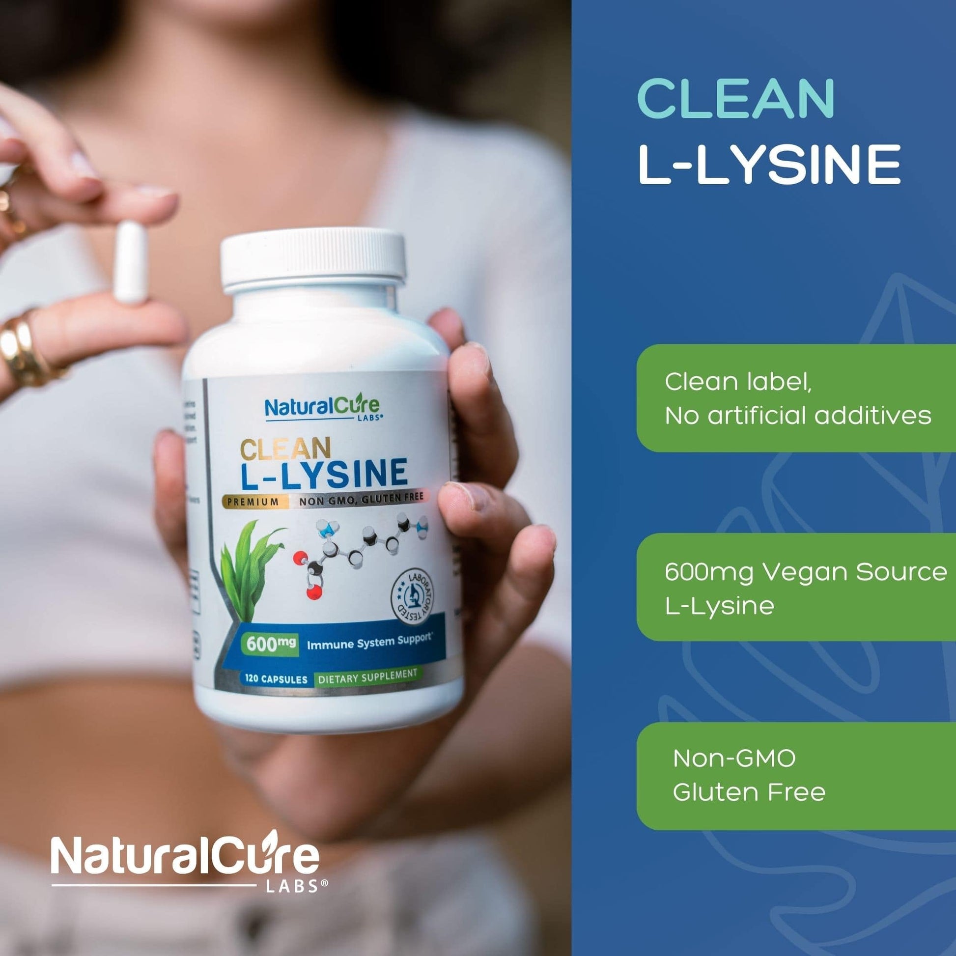 Natural Cure Labs Clean L-Lysine 600mg, 120 Capsules | Vegan, Non-GMO, & Gluten Free - dailyvitalstore