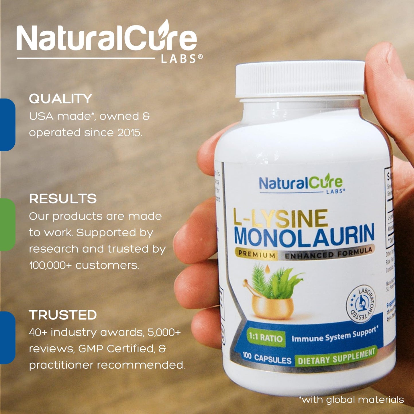 Natural Cure Labs L-Lysine with Monolaurin 600mg 1:1 Ratio, 2 Pack, 200 Capsules - dailyvitalstore