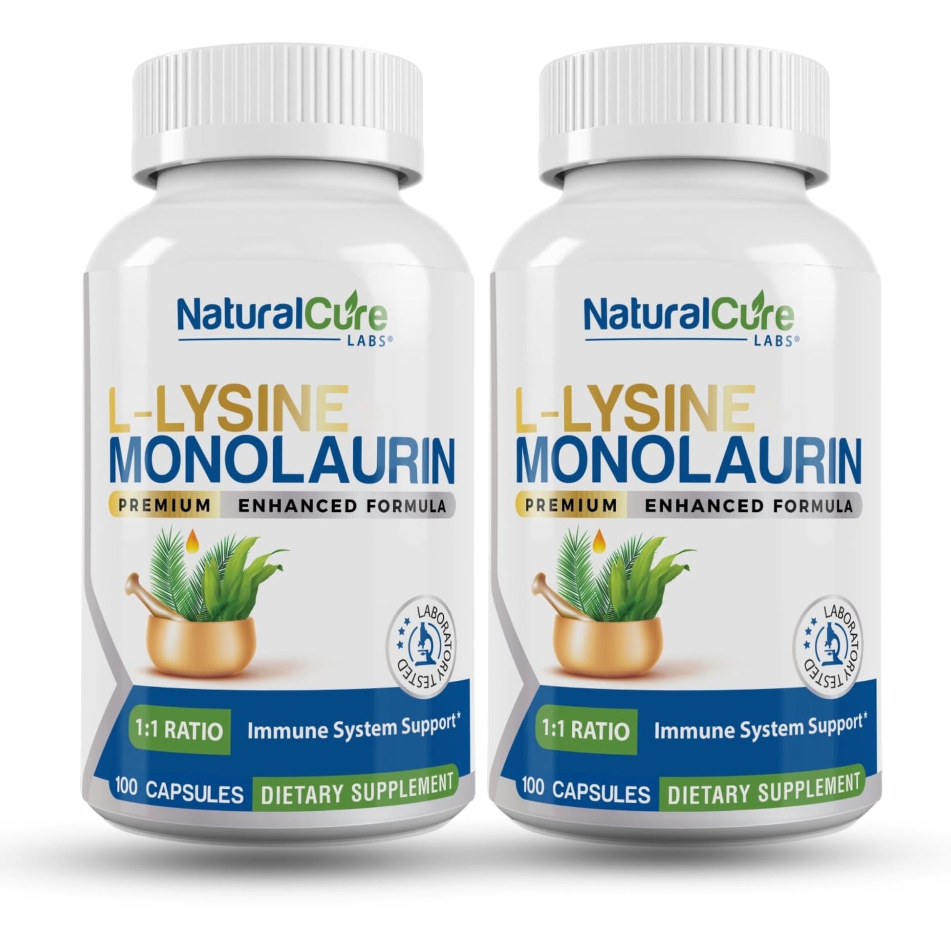 Natural Cure Labs L-Lysine with Monolaurin 600mg 1:1 Ratio, 2 Pack, 200 Capsules - dailyvitalstore
