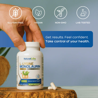 Natural Cure Labs L-Lysine with Monolaurin 600mg 1:1 Ratio, 2 Pack, 200 Capsules - dailyvitalstore