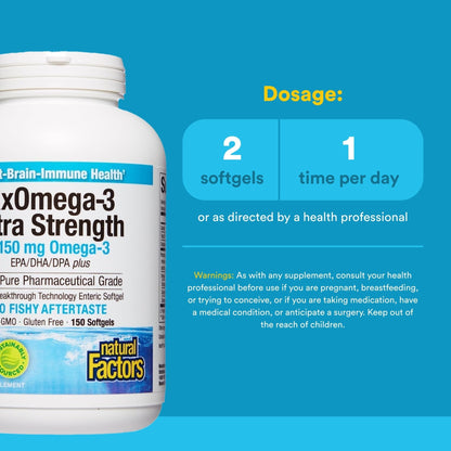 Natural Factors RxOmega-3 Ultra Strength - Brain & Heart Health Support - Eye Health Supplement with EPA & DHA - Supplement with Omega-3 Fatty Acids - 150 Softgels (75 Servings) - dailyvitalstore
