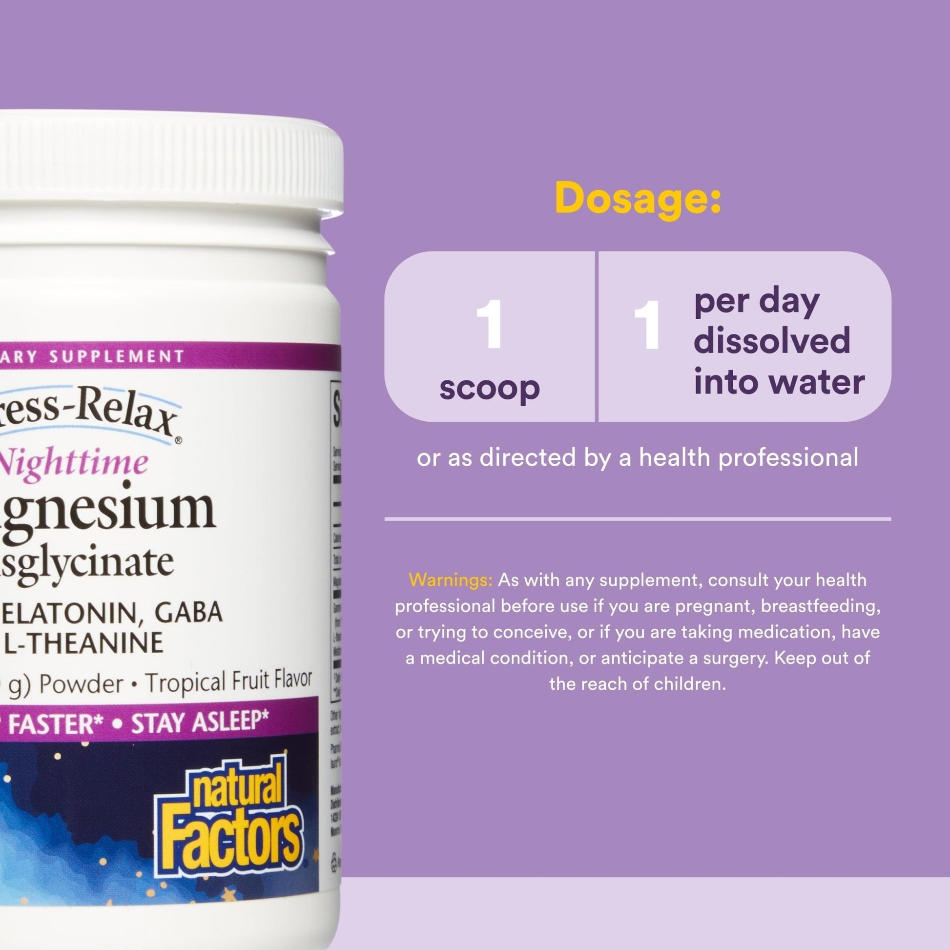Natural Factors Stress-Relax Nighttime Magnesium Bisglycinate - Supports Sleep & Relaxation* - with Melatonin, L-Theanine & GABA - Tropical Flavor - 4.23 oz - dailyvitalstore