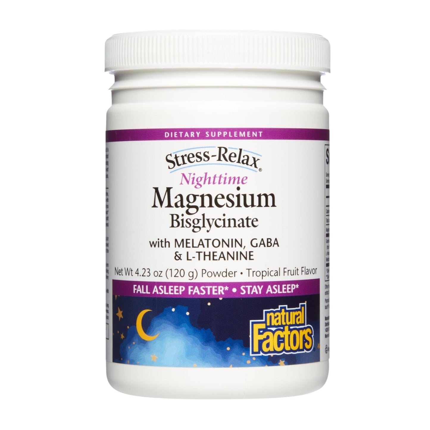 Natural Factors Stress-Relax Nighttime Magnesium Bisglycinate - Supports Sleep & Relaxation* - with Melatonin, L-Theanine & GABA - Tropical Flavor - 4.23 oz - dailyvitalstore