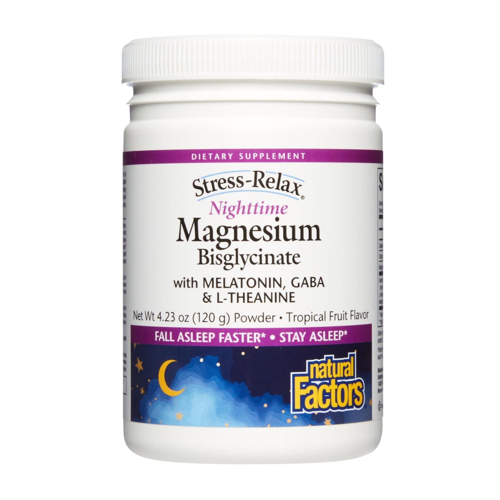 Natural Factors Stress-Relax Nighttime Magnesium Bisglycinate - Supports Sleep & Relaxation* - with Melatonin, L-Theanine & GABA - Tropical Flavor - 4.23 oz - dailyvitalstore