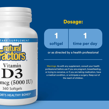 Natural Factors, Vitamin D3 5000 IU (125 mcg), Supports Strong Bones, Muscles and Immune Function, 360 Softgels - dailyvitalstore