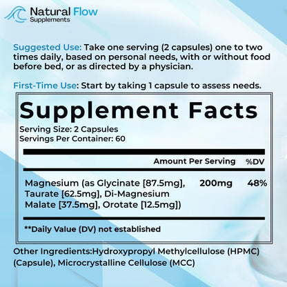 Natural Flow 4X Magnesium Supplement, Magnesium Glycinate, Taurate, Malate, Orotate Complex, Calm Sleep and Cramp Support Blend, No Mag Citrate or Oxide, 120 Capsules - dailyvitalstore