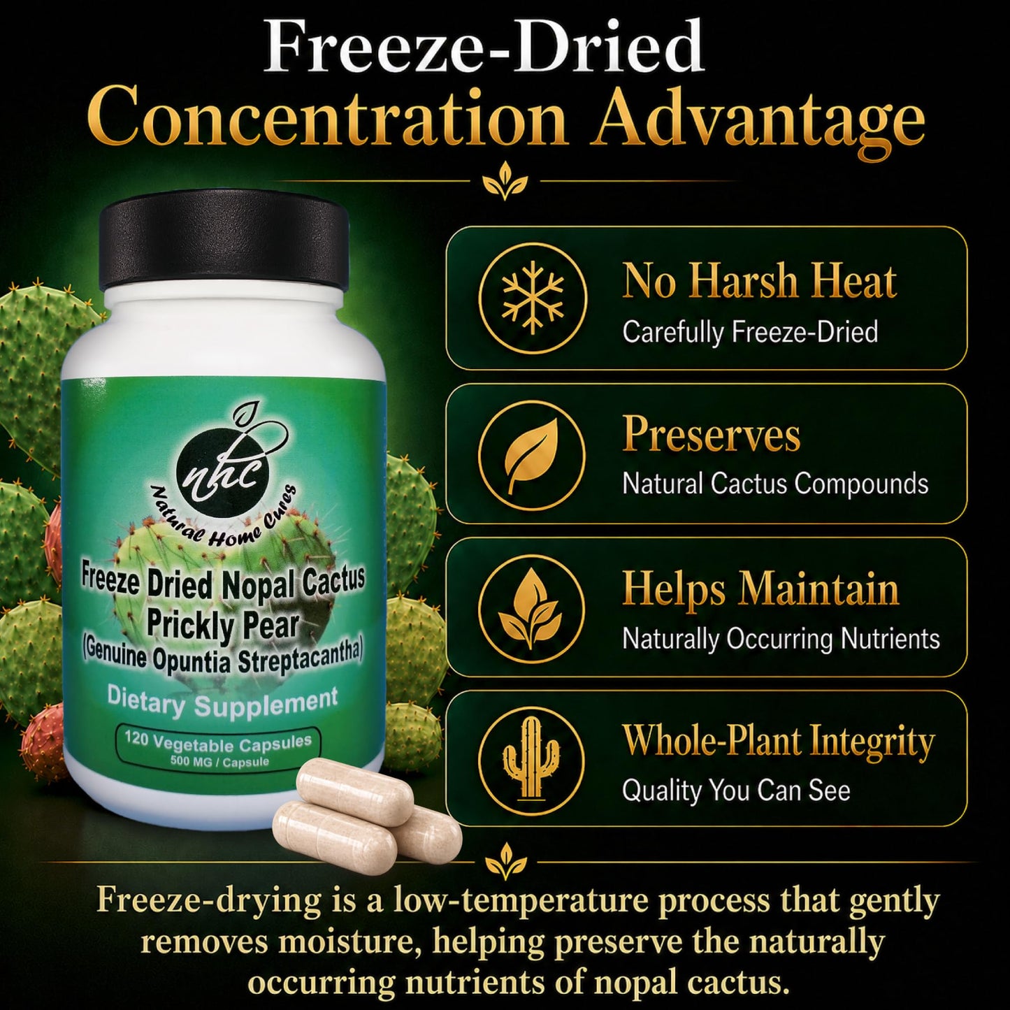 Natural Home Cures Premium Freeze-Dried Nopal Cactus Capsules, Mountain-Grown in Mexico, Whole Prickly Pear Cactus Powder Supplement, No Fillers - dailyvitalstore