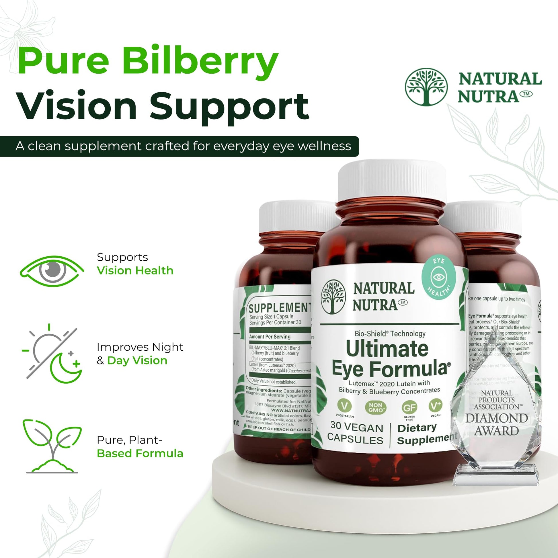 Natural Nutra Ultimate Eye Health Supplement - Bilberry & Blueberry Extract Blend for Day and Night Vision Support, Promotes Color Perception & Eye Clarity - Non-GMO, Vegan - 30 Capsules (Pack of 3) - dailyvitalstore