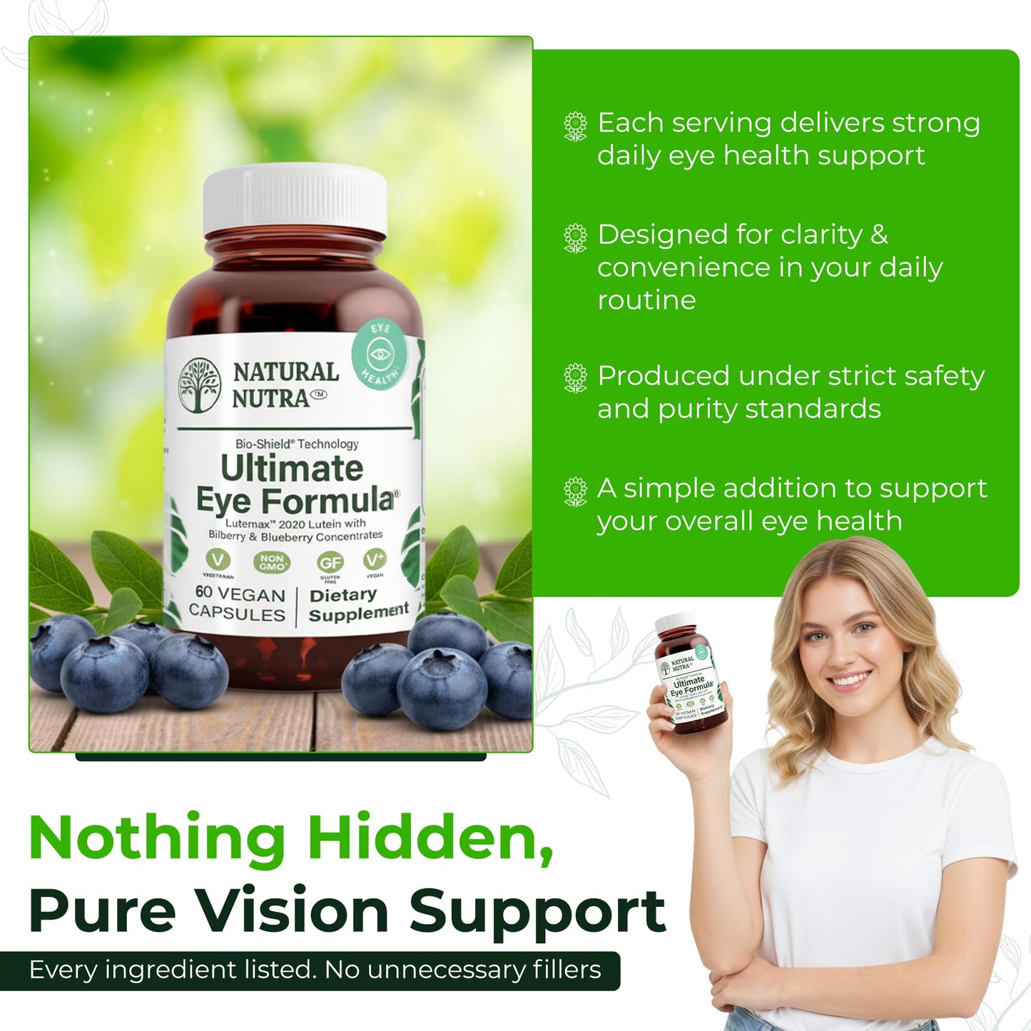 Natural Nutra Ultimate Eye Health Supplement - Bilberry & Blueberry Extract Blend for Day and Night Vision Support, Promotes Color Perception & Eye Clarity - Non-GMO, Vegan - 30 Capsules (Pack of 3) - dailyvitalstore