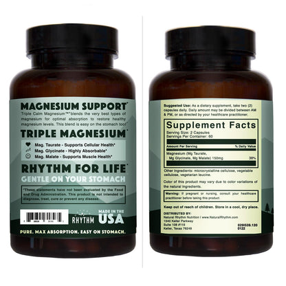 Natural Rhythm Triple Calm Magnesium Complex - 120 Capsules, Chelated Magnesium Glycinate, Taurate & Malate, High Absorption Supplement for Sleep, Stress, Muscle & Heart Support, Non-GMO, Vegan - dailyvitalstore