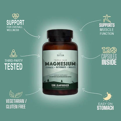 Natural Rhythm Triple Calm Magnesium Complex - 120 Capsules, Chelated Magnesium Glycinate, Taurate & Malate, High Absorption Supplement for Sleep, Stress, Muscle & Heart Support, Non-GMO, Vegan - dailyvitalstore