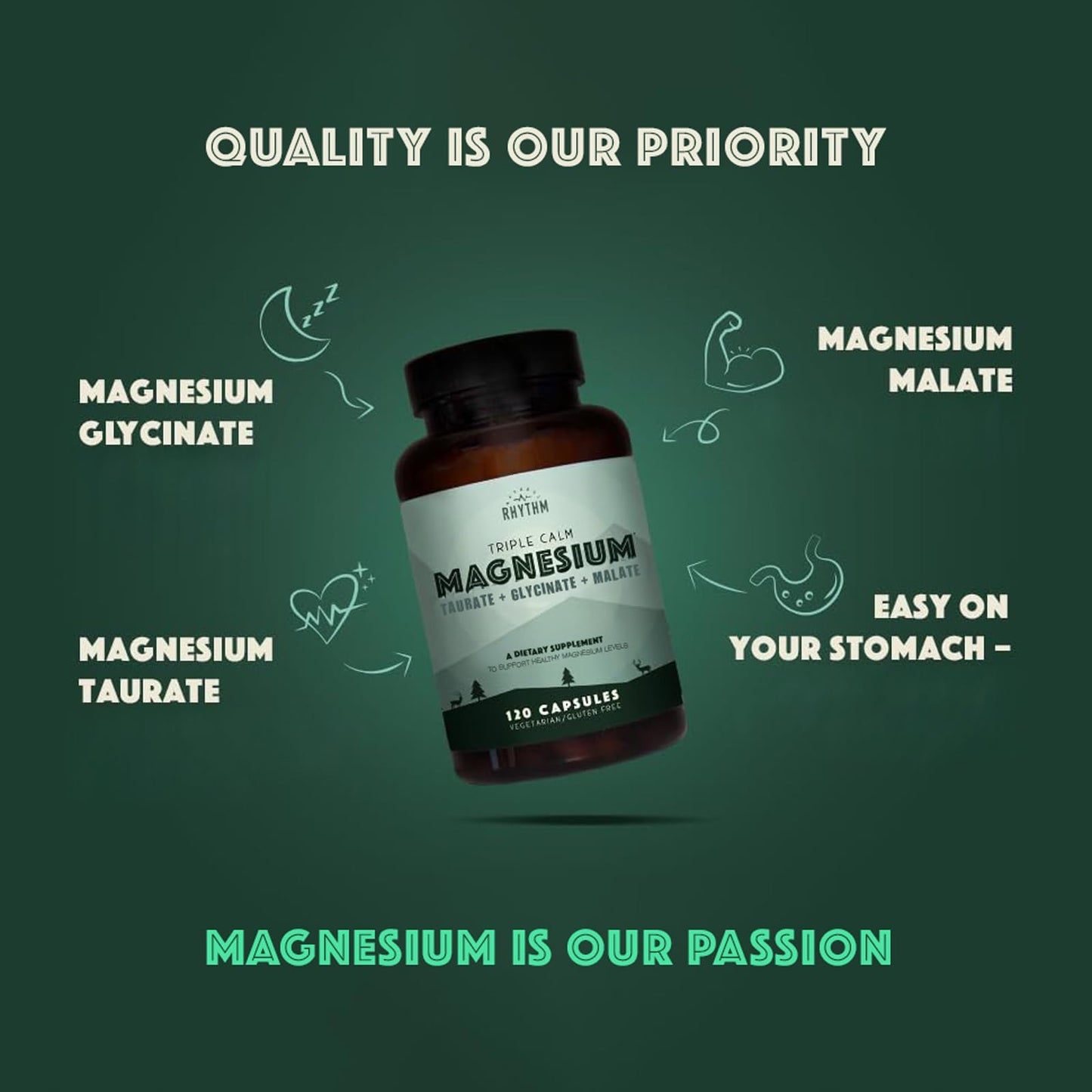 Natural Rhythm Triple Calm Magnesium Complex - 120 Capsules, Chelated Magnesium Glycinate, Taurate & Malate, High Absorption Supplement for Sleep, Stress, Muscle & Heart Support, Non-GMO, Vegan - dailyvitalstore