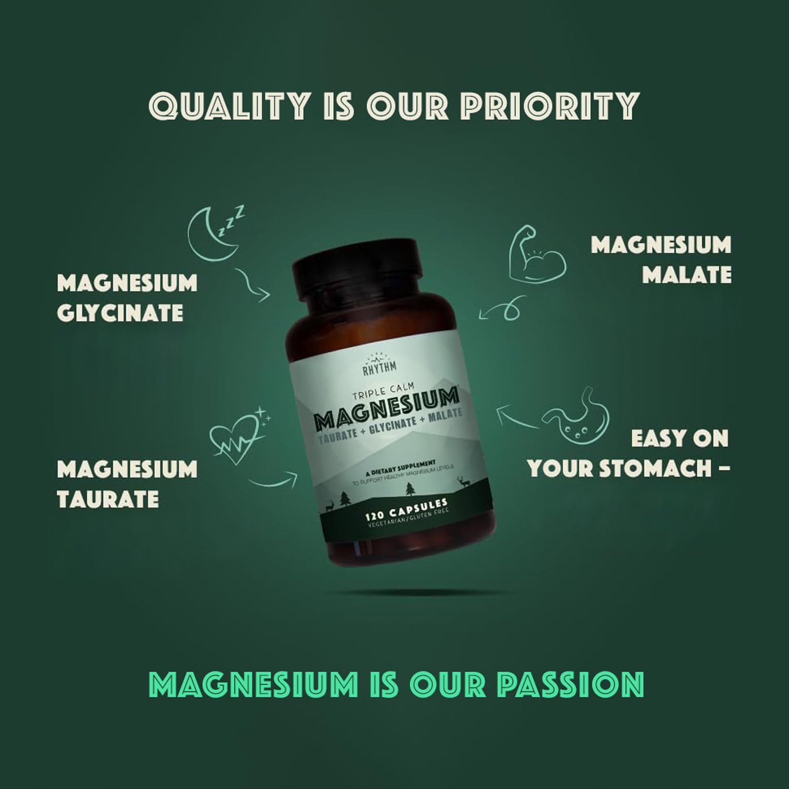 Natural Rhythm Triple Calm Magnesium Complex - 120 Capsules, Chelated Magnesium Glycinate, Taurate & Malate, High Absorption Supplement for Sleep, Stress, Muscle & Heart Support, Non-GMO, Vegan - dailyvitalstore