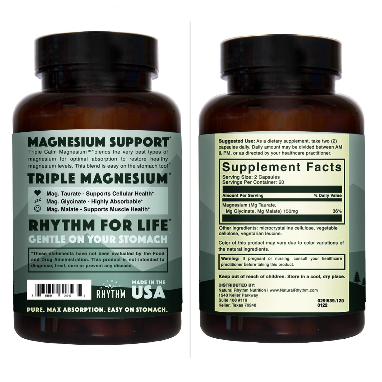 Natural Rhythm Triple Calm Magnesium Complex - 120 Capsules, Chelated Magnesium Glycinate, Taurate & Malate, High Absorption Supplement for Sleep, Stress, Muscle & Heart Support, Non-GMO, Vegan - dailyvitalstore