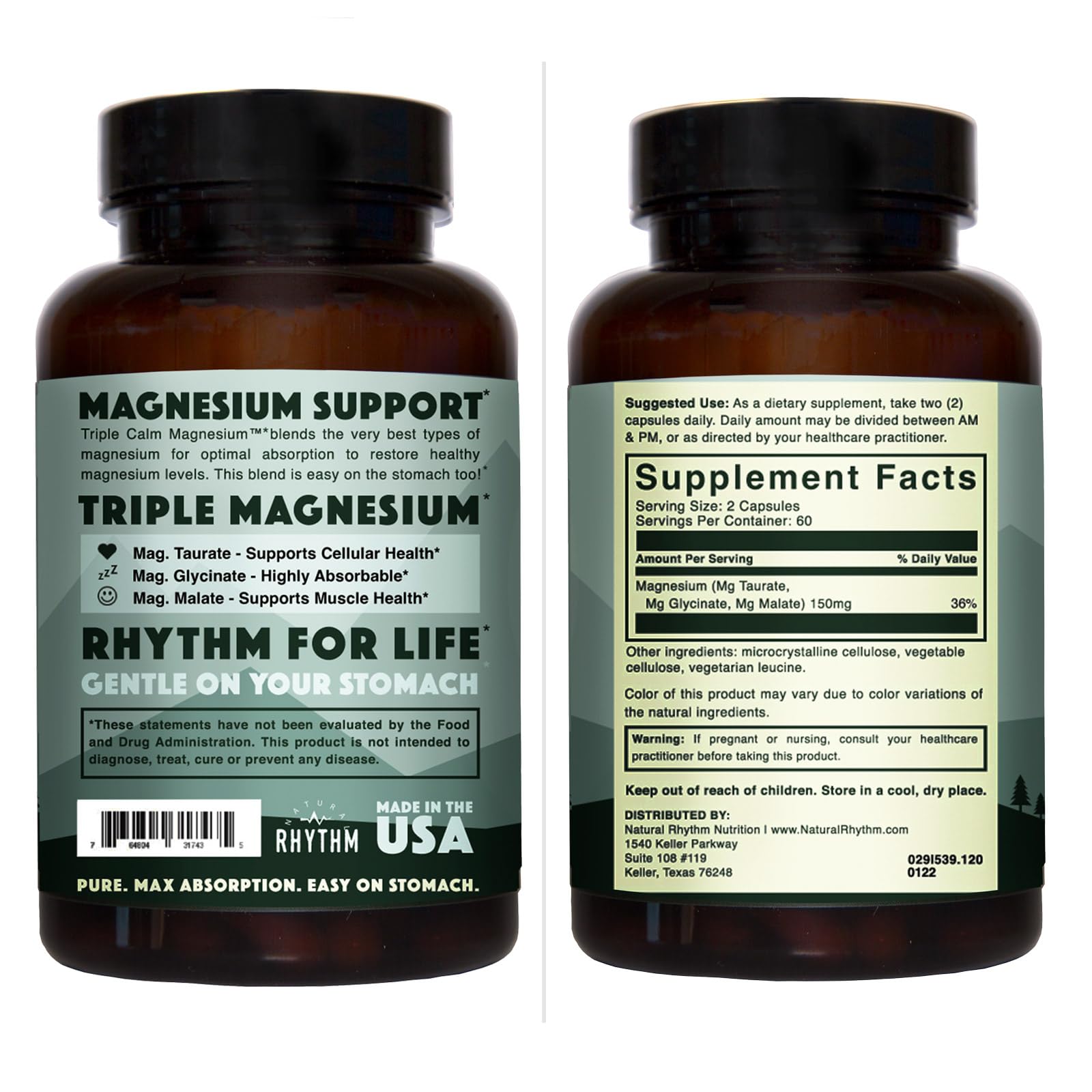 Natural Rhythm Triple Calm Magnesium Complex - 120 Capsules, Chelated Magnesium Glycinate, Taurate & Malate, High Absorption Supplement for Sleep, Stress, Muscle & Heart Support, Non-GMO, Vegan - dailyvitalstore