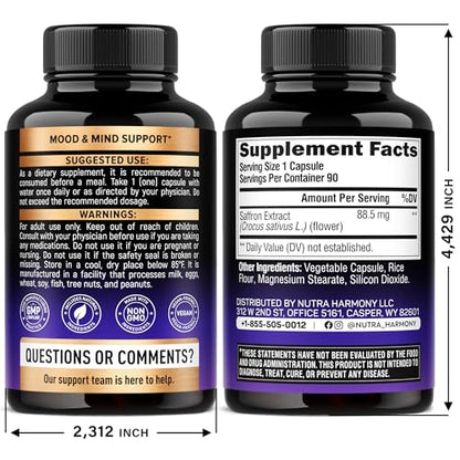 Natural Saffron Supplements - Pure Saffron Extract 88.5 mg - Made in USA - Mood | Focus | Vision | Energy Support - Eye Health for Women & Men - NonGMO Vegan Pills - 90 Powder Capsules, 3 Month Supply - dailyvitalstore