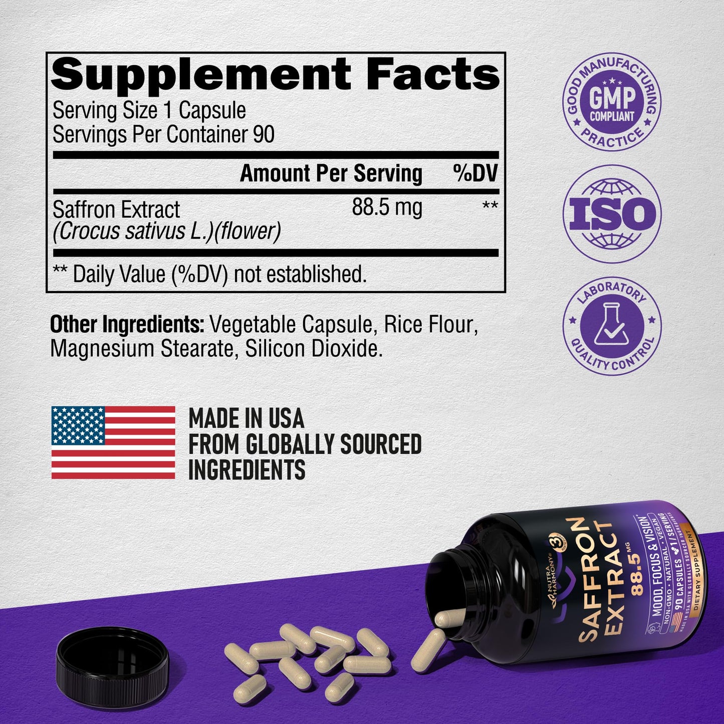 Natural Saffron Supplements - Pure Saffron Extract 88.5 mg - Mood | Focus | Vision | Energy Support - Eye Health for Women & Men - Lab Tested - NonGMO Vegan Pills - dailyvitalstore